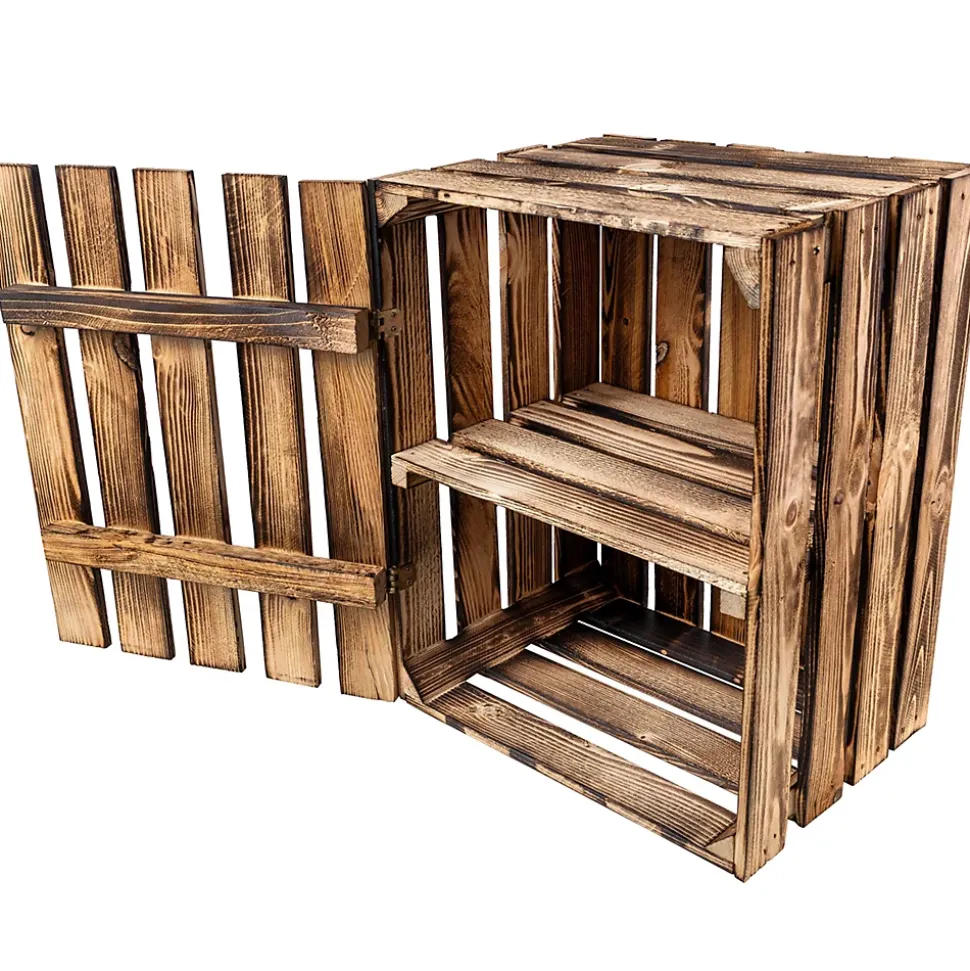 Creative Deco Coffre en Bois Flammé avec Étagère - 50 x 40 x 30 cm - Boîte Vintage Murale pour Rangement Cadeaux, Outils et Jouets