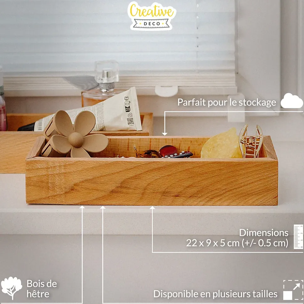 Creative Deco Petite Boîte de Rangement en Bois de Hêtre 22 x 9 x 5 cm - Plateau pour Épices, Petit-Déjeuner - Organisateur Epices