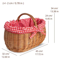 Creative Home Panier de Pique-Nique en Osier avec Poignée - Carreaux Rouges - 45 x 32 x 34 cm (+/- 2 cm) - Tressé à la Main