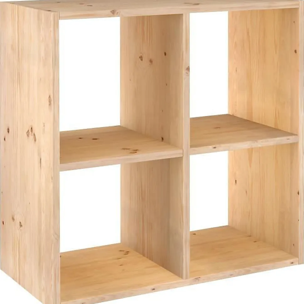 Cube de rangement 4 cases pin masif - 70.8 x 70.8 x 33 cm - bois brut