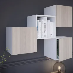 Cube rangement blanc avec porte effet chêne GoodHome Atomia H. 37,5 x L. 37,5 x P. 37 cm