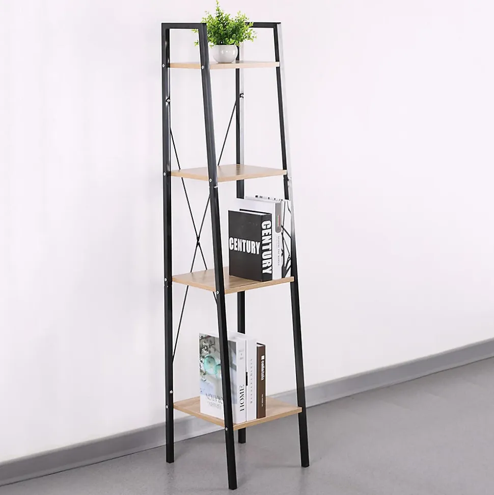 DARA - Etagère Simple 4 Plateaux Métal et Aspect Bois