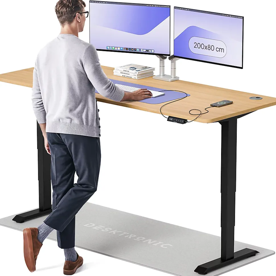 Desktronic Bureau assis debout HomePro 200x80cm - Électrique Réglable en Hauteur - Chargeur USB/USB-C - Noir/Chêne