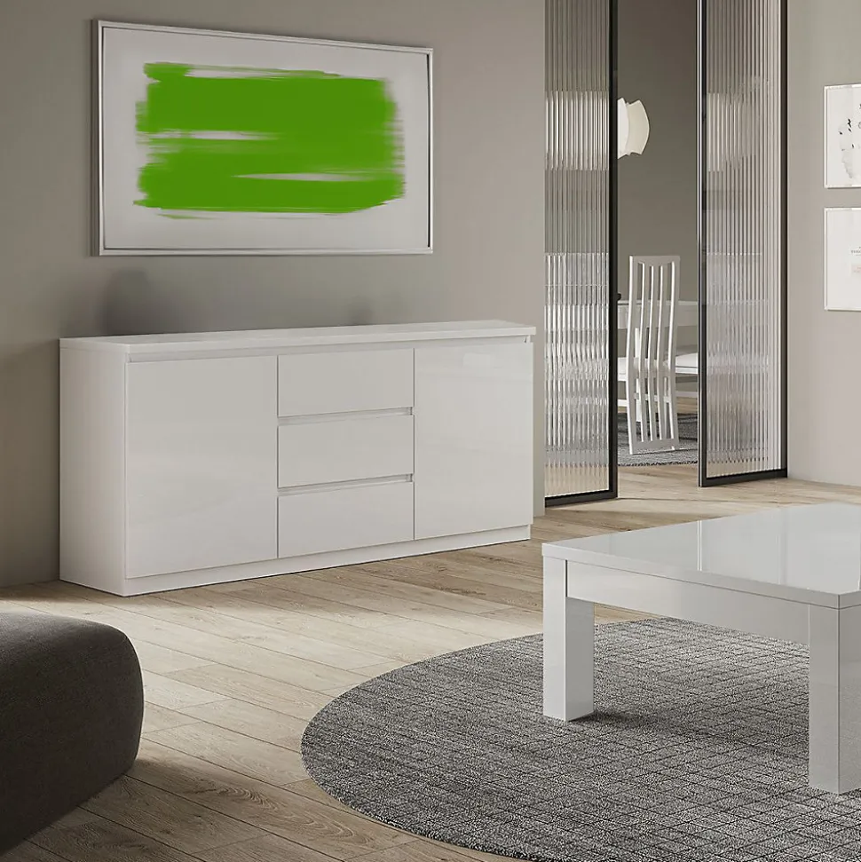 DEYTON - Buffet 2 Portes 3 Tiroirs Laqué Blanc Brillant