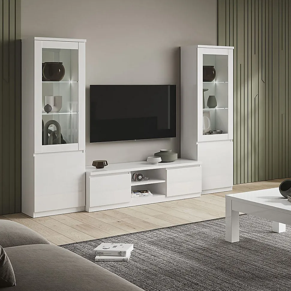 DEYTON - Meuble TV 2 Portes Laqué Blanc Brillant