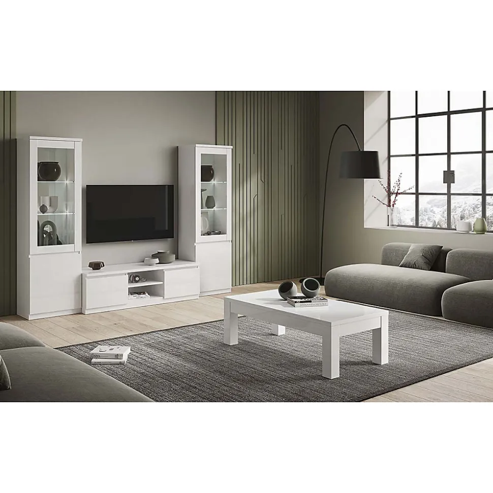 DEYTON - Meuble TV 2 Portes Laqué Blanc Brillant