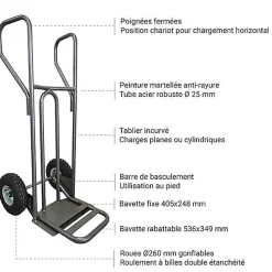Diable - Pelle fixe 238x405mm - charge 250kg - Roues pneumatiques - DVPF2-RG-BR