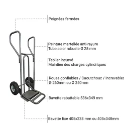 Diable - Pelle fixe 348x405mm - charge 250kg - Roues pneumatiques - DVPF1-RG-BR