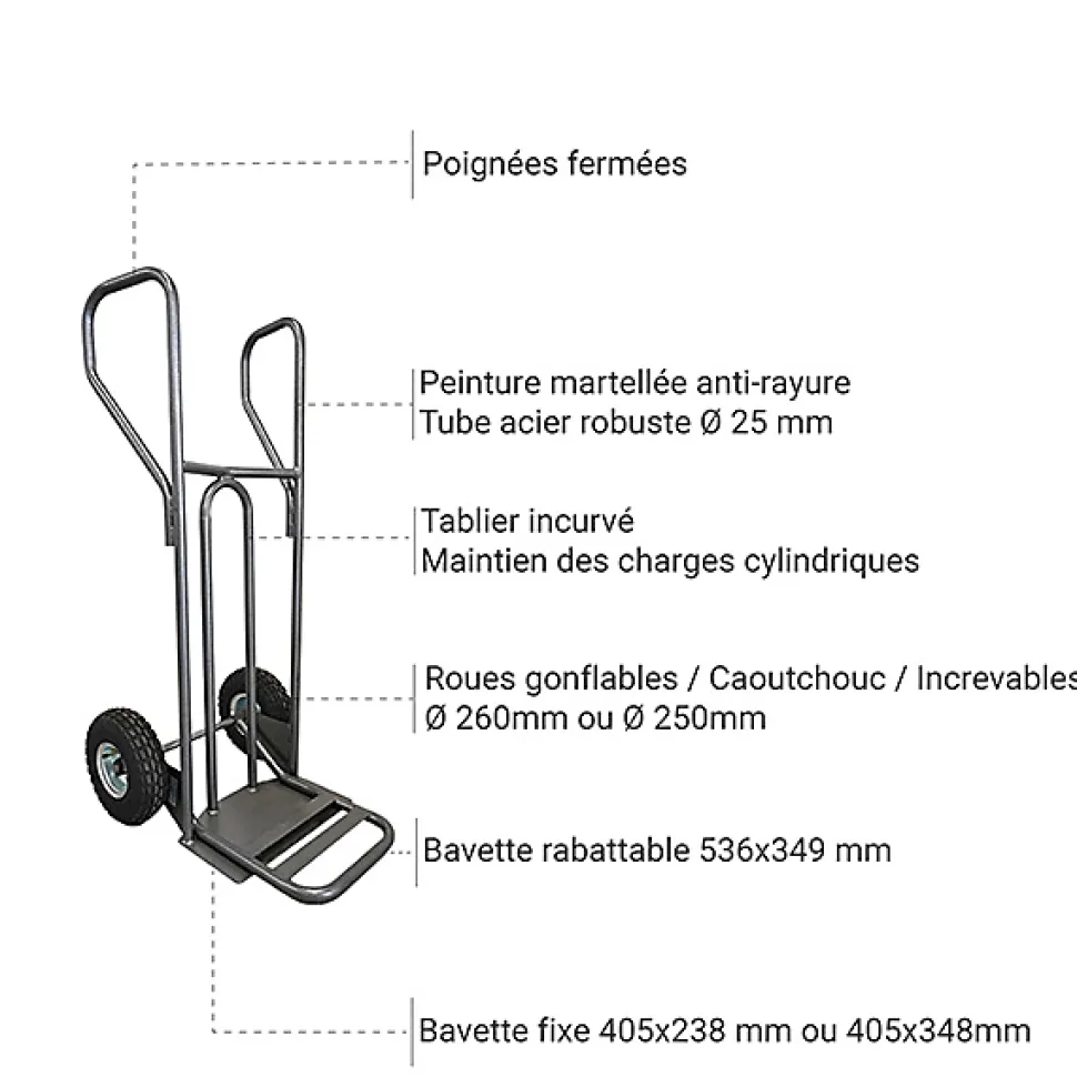 Diable - Pelle fixe 348x405mm - charge 250kg - Roues pneumatiques - DVPF1-RG-BR