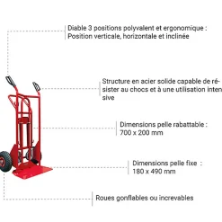 Diable 3 positions acier - Charge max 250kg / 350kg - Roues increvables - 810009344