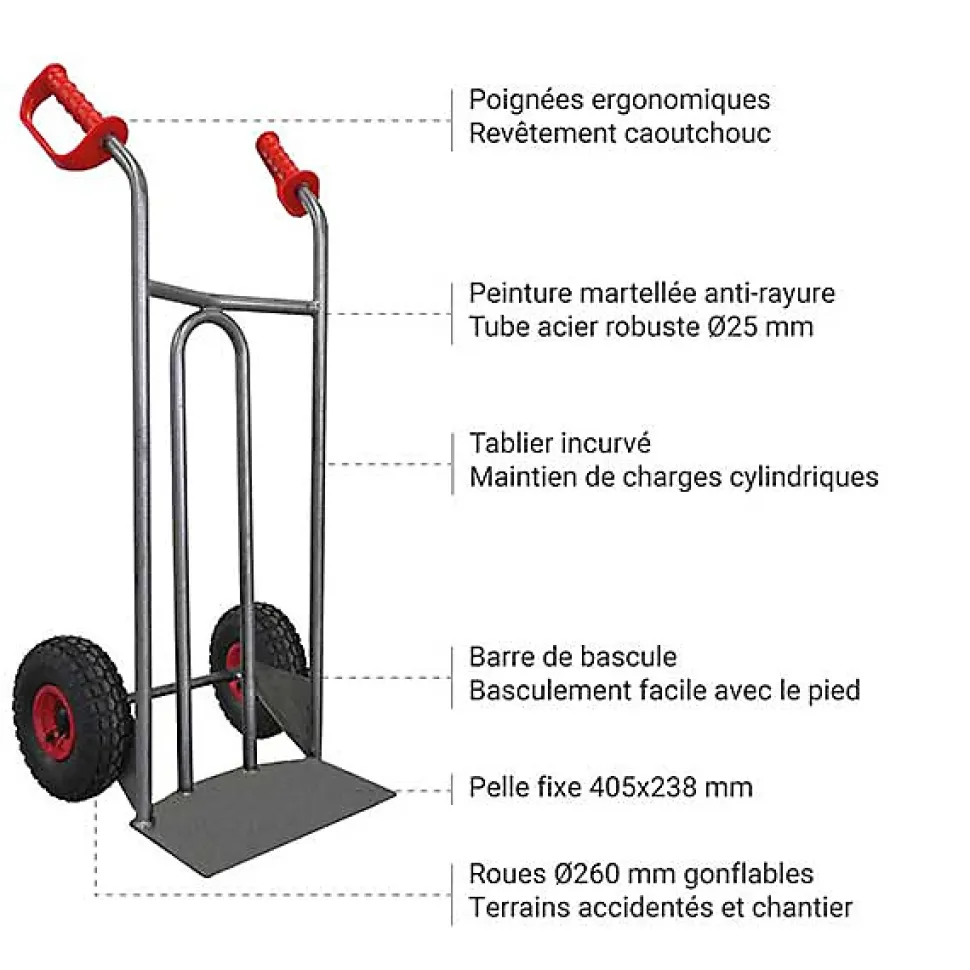 Diable acier charge 250kg - Roues pneumatiques - DVPO-RG