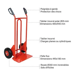 Diable acier charge 250kg - Roues increvables et poignées à gardes - 810200022