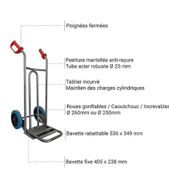 Diable acier charge 250kg - Roues increvables non tachantes silenc. - DVPO-RINC-BR