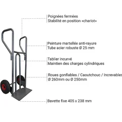 Diable acier charge 400kg - Roues pneumatiques - DVPF400-RG