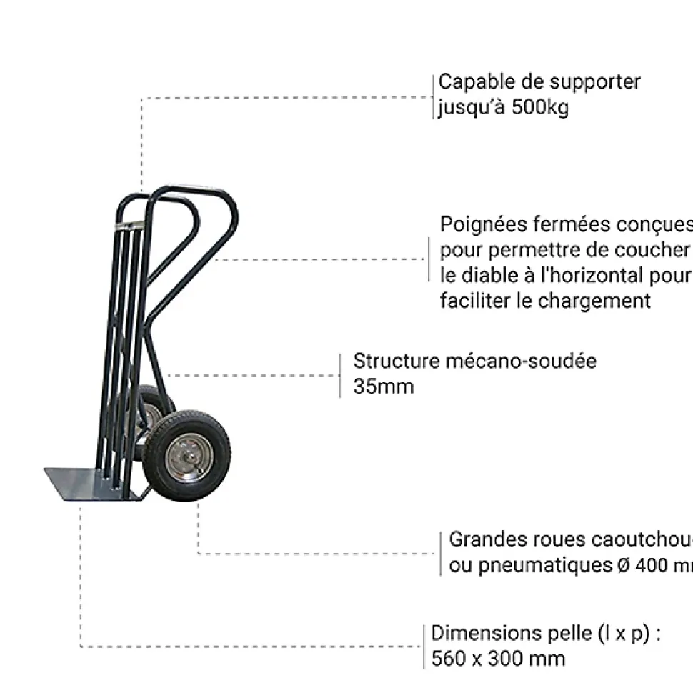 Diable acier charge 500kg BTP - Roues pneumatiques - 810007204