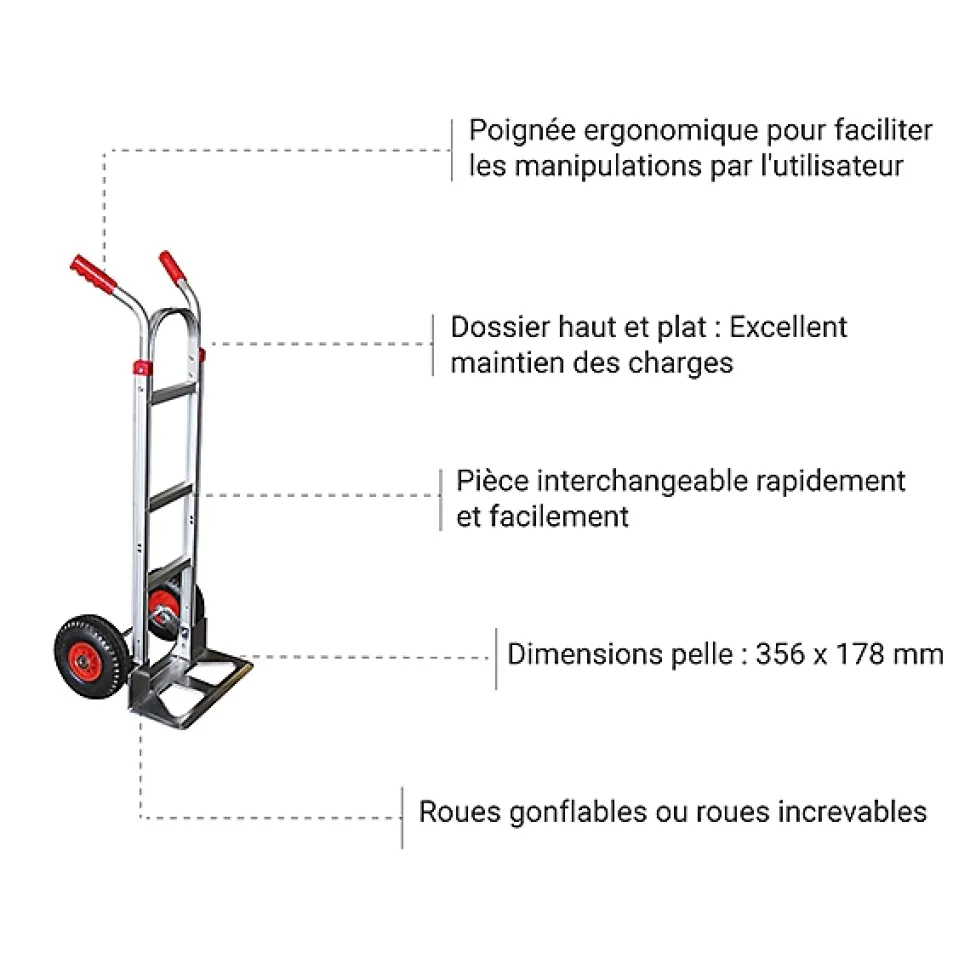 Diable aluminium capacité 250kg - Dossier plat et roues gonflables - ST250N