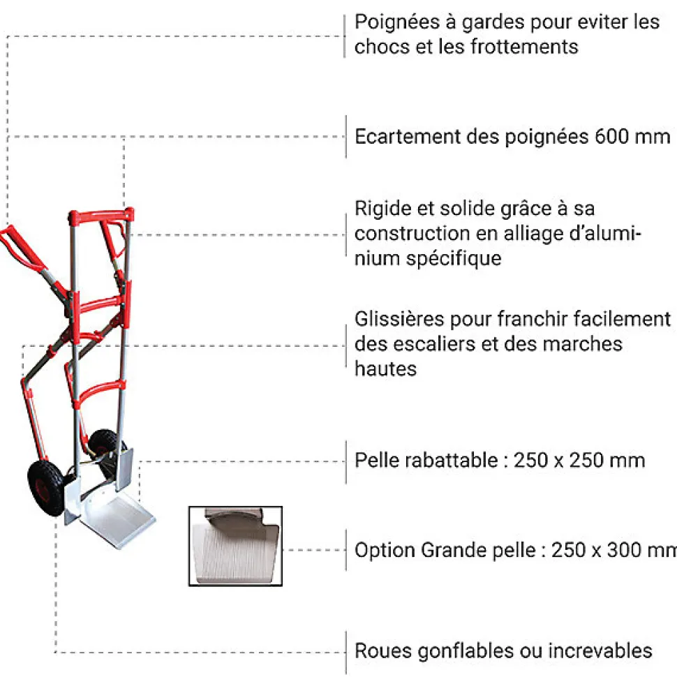Diable aluminium pelle rabattable - Roues gonflables - STR300NBRASSEUR