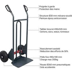 Diable basculement assisté - Roues pneumatiques - Charge max 350kg - 810300121
