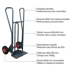 Diable basculement assisté - Roues increvables - Charge max 150kg - 810310122