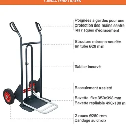 Diable basculement assisté - Roues caoutchouc - Charge max 350kg - 810302120