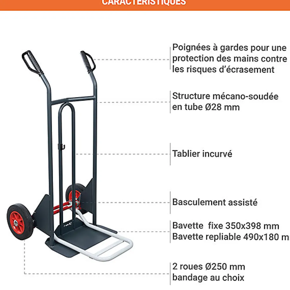 Diable basculement assisté - Roues caoutchouc - Charge max 350kg - 810302120