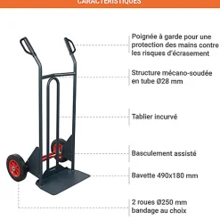 Diable basculement assisté - Roues caoutchouc - Charge max 350kg - 810300120