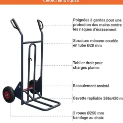 Diable basculement assisté - Roues pneumatiques - Charge max 350kg - 810301121