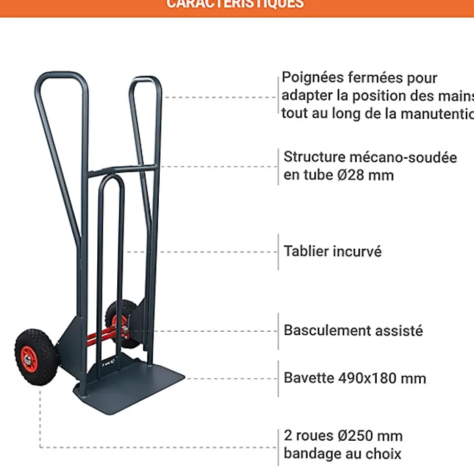 Diable basculement assisté - Roues pneumatiques - Charge max 350kg - 810310121