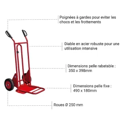 Diable bavette pliante et fixe 250kg - Roues pneumatiques - 810202021