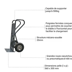 Diable charge lourde à roues caoutchouc - Pelle 560x300mm - Charge max 400kg - 810009634