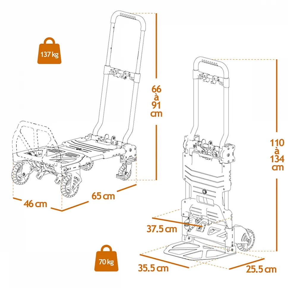Diable, chariot 2 en 1 pliable 4 roues - Charge 137 kg - Linxor