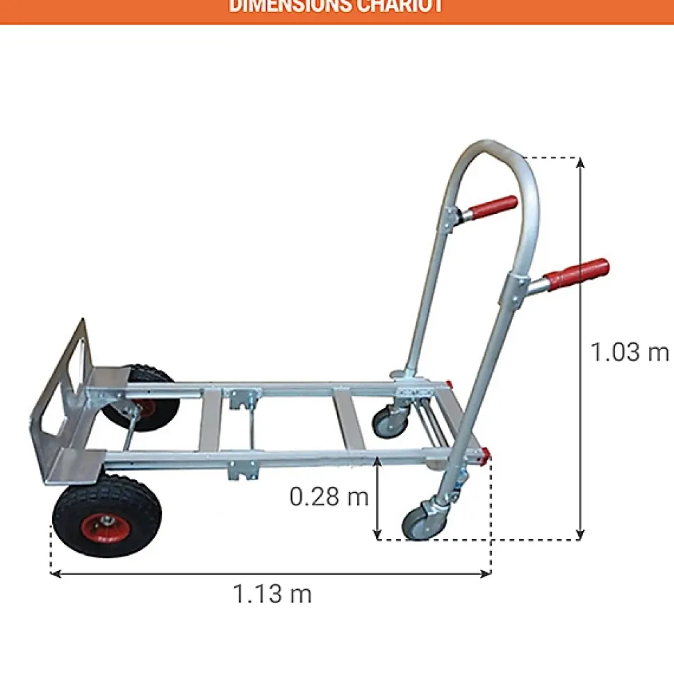 Diable chariot aluminium - Charge 250kg / 350kg - Roues increvables - STC2-RINC