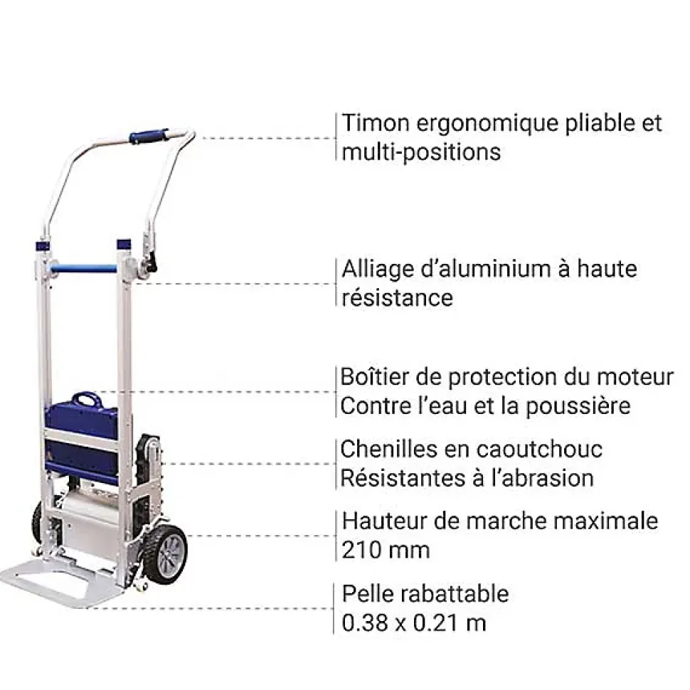 Diable électrique escalier pliable - Pelle 510x220mm - Charge 105kg - DCE105