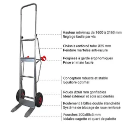 Diable maraîcher à fourches 250kg - Roues pneumatiques - DMPO250-RG