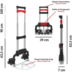 Diable pliable FISHTEC Léger Télescopique - Charge garantie 60 kg