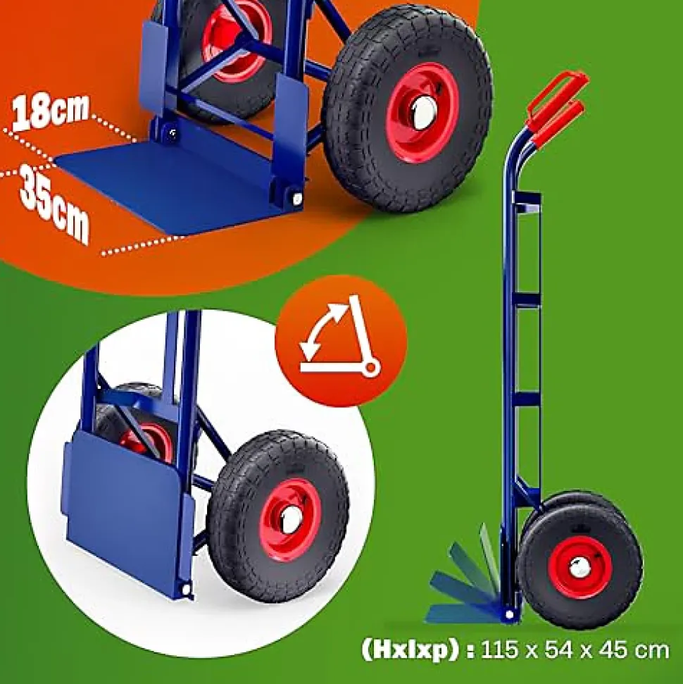 Diable Pliable 200kg Chariot de Transport avec Roues Pneumatiques, Acier Résistant Idéal pour Déménagement et Manutention