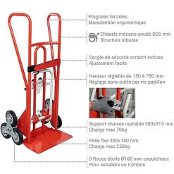 Diable porte chaises avec poignées fermées - Roues en caoutchouc - 810005345