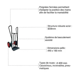 Diable pour charge lourde à basculement assisté - Cap 350kg - Roues caoutchouc - 810310140