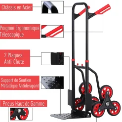 Diable pour escalier 6 roues diable repliable extensible 150 Kg - chariot pliable acier noir rouge