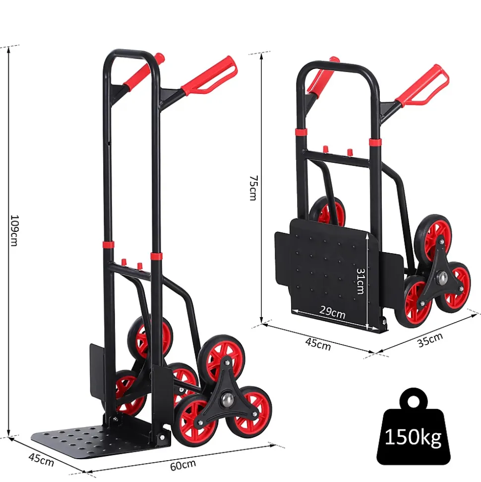 Diable pour escalier 6 roues diable repliable extensible 150 Kg - chariot pliable acier noir rouge