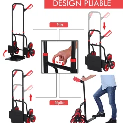 Diable pour escalier 6 roues diable repliable extensible 150 Kg - chariot pliable acier noir rouge
