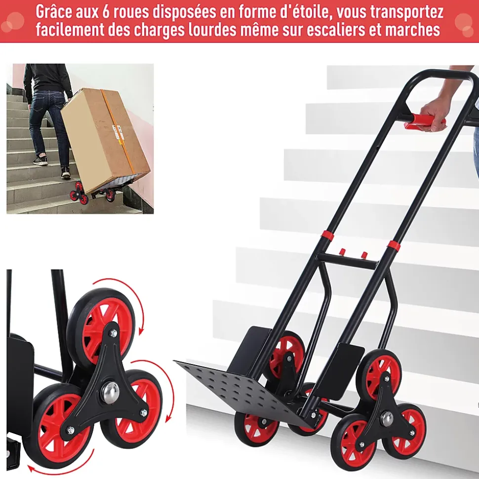 Diable pour escalier 6 roues diable repliable extensible 150 Kg - chariot pliable acier noir rouge