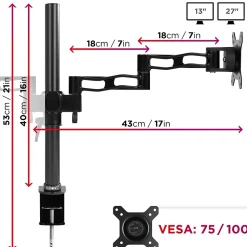 DM352 BK Support 2 écrans PC à pince pour bureau Bras de moniteur Rotatif Inclinable Pivotant Compatible VESA 75 100 Duronic