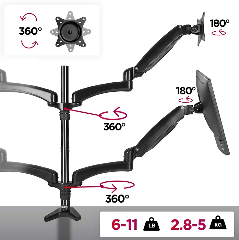 DM554 Support 4 écrans PC à pince pour bureau Bras de moniteur Rotatif Inclinable Pivotant Compatible VESA 75 100 Duronic