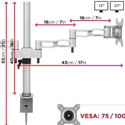 DM352 Support 2 écrans PC à pince pour bureau Bras de moniteur Rotatif Inclinable Pivotant Compatible VESA 75 100 Duronic