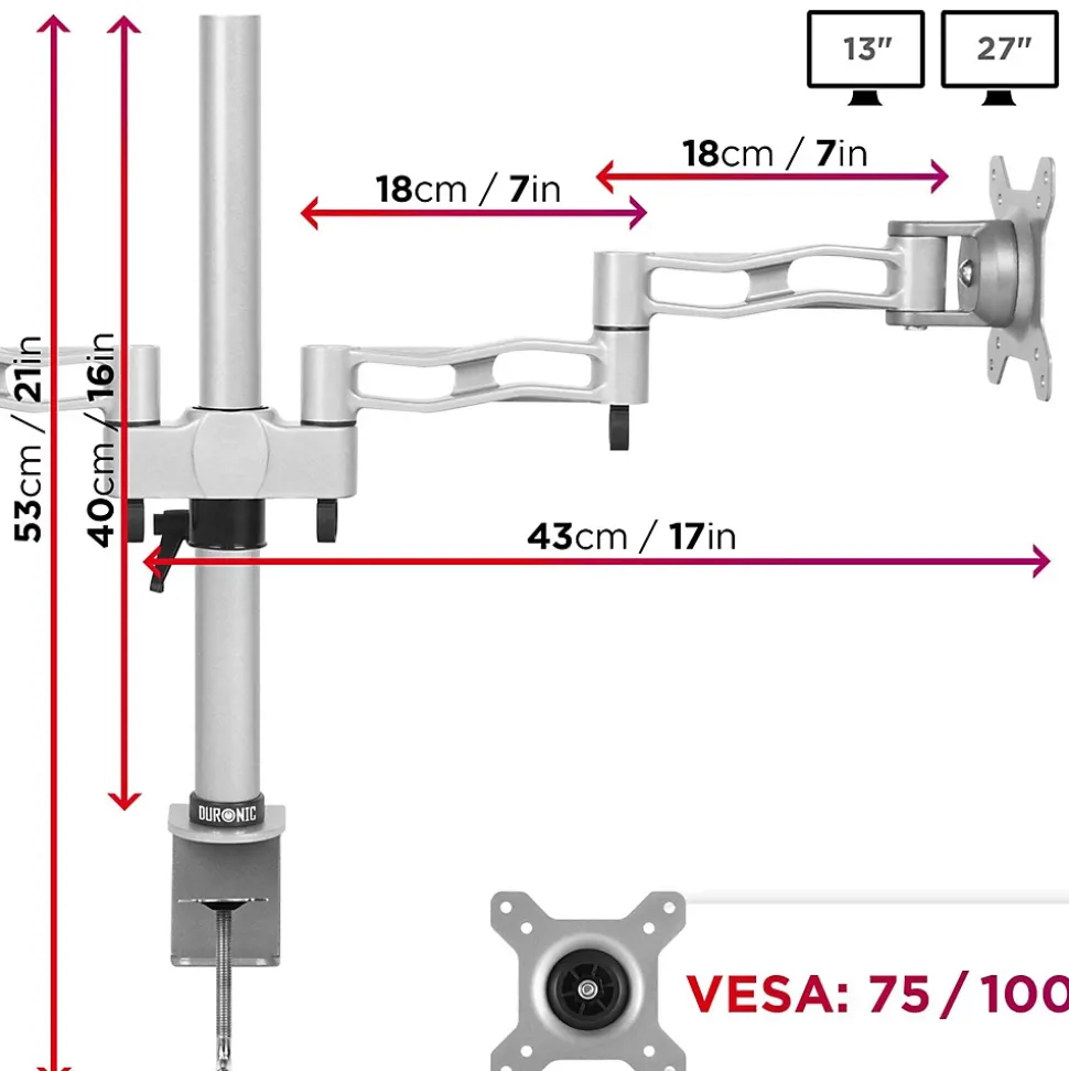 DM352 Support 2 écrans PC à pince pour bureau Bras de moniteur Rotatif Inclinable Pivotant Compatible VESA 75 100 Duronic