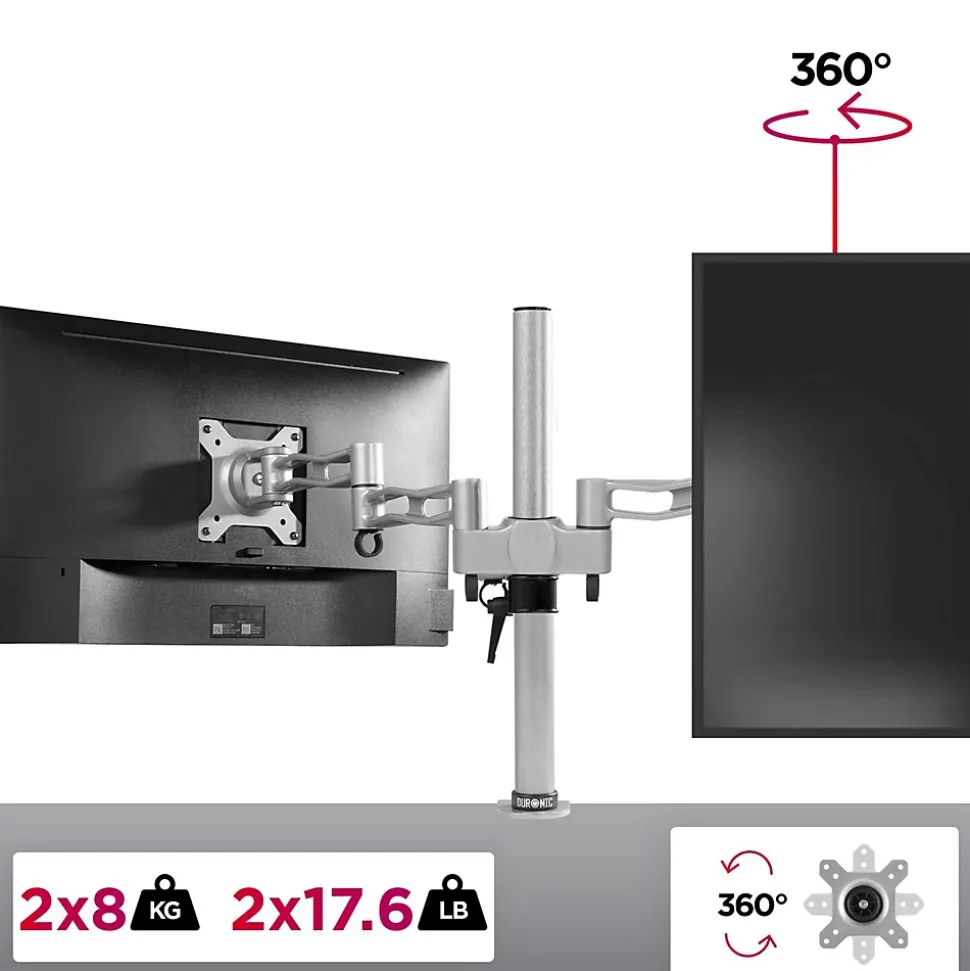 DM352 Support 2 écrans PC à pince pour bureau Bras de moniteur Rotatif Inclinable Pivotant Compatible VESA 75 100 Duronic