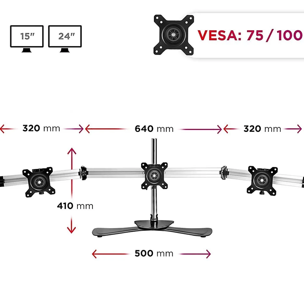 DM753 Support 3 écrans PC sur socle pour bureau Bras de moniteurs Rotatif Inclinable Pivotant Compatible VESA 75 100 Duronic