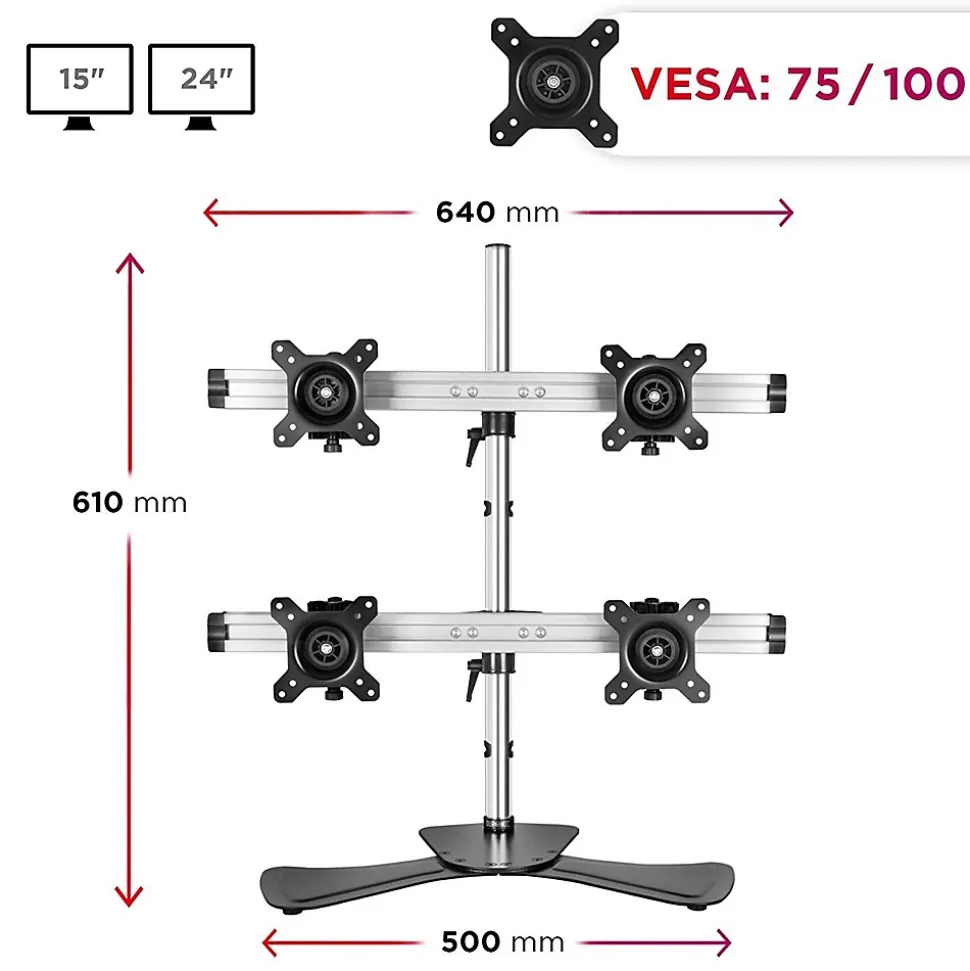 DM754 Support 4 écrans PC sur socle pour bureau Bras de moniteurs Rotatif Inclinable Pivotant Compatible VESA 75 100 Duronic