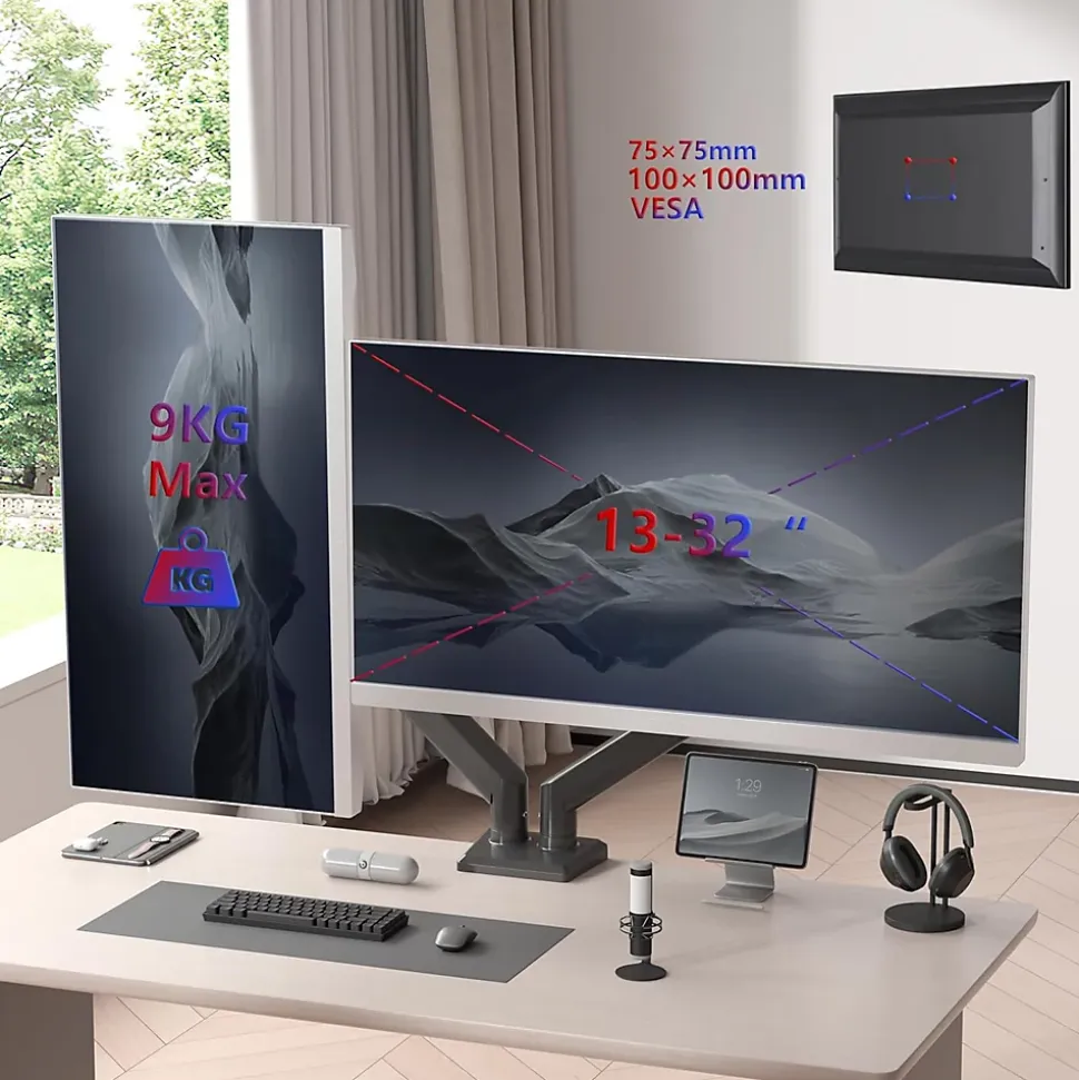 DM6A2 Support 2 écrans PC à pince Bras de moniteur Rotatif Inclinable Pivotant Charge max 9 kg Compatible VESA 75 100 Duronic